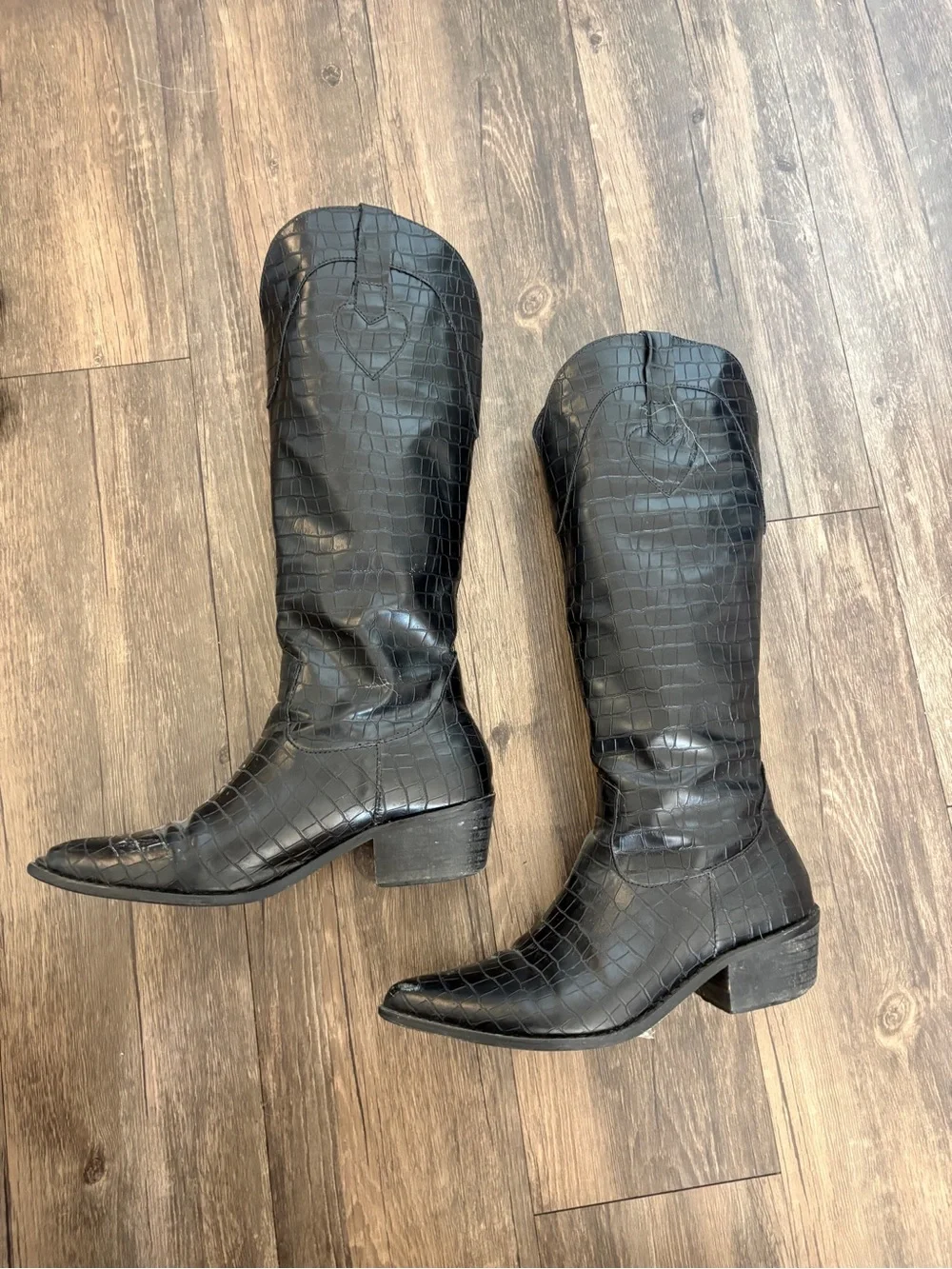 Black Croc-Embossed High Western Boots